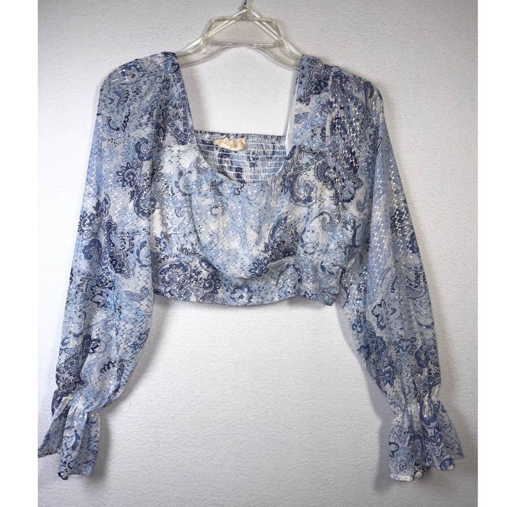 Altered State Paisley Metallic Crop Top Women Medium Blue Excellent Long Sleeve